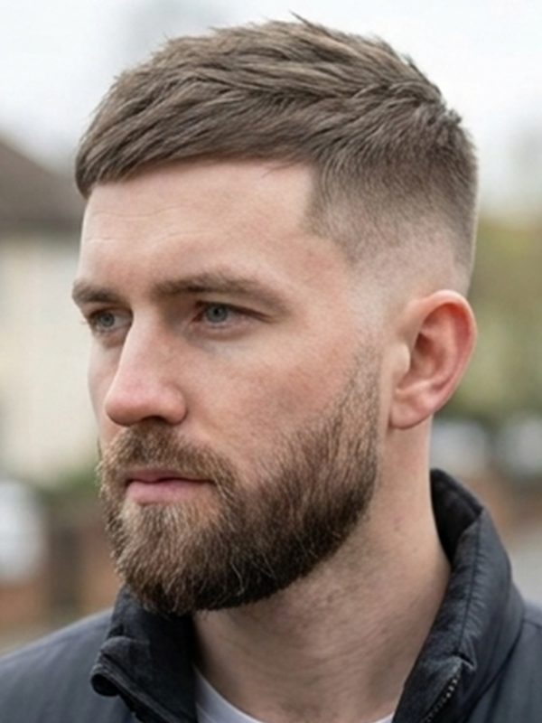Klassisk crew cut på en man med mörkt hår