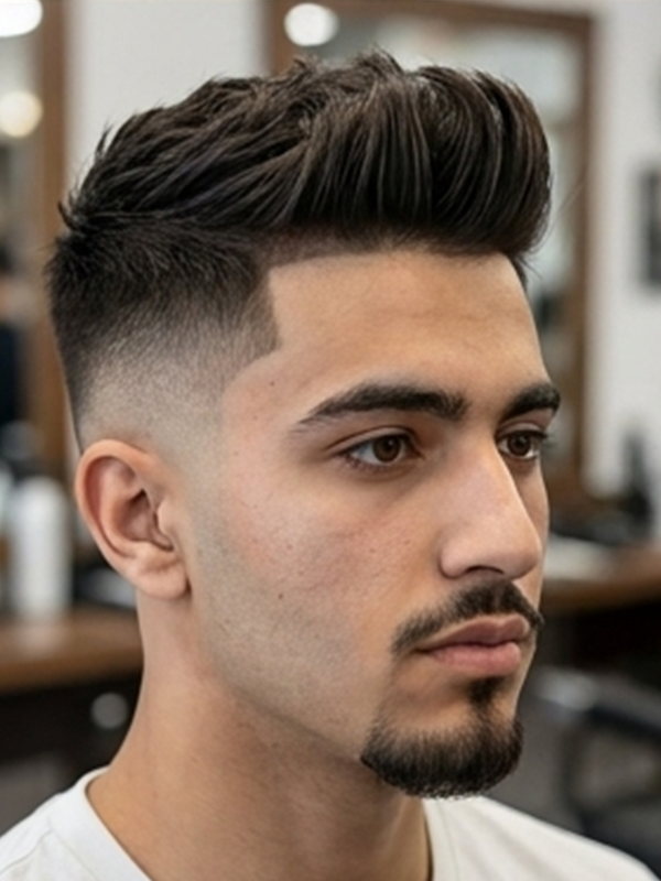 Quiff med skarp skin fade på sidorna