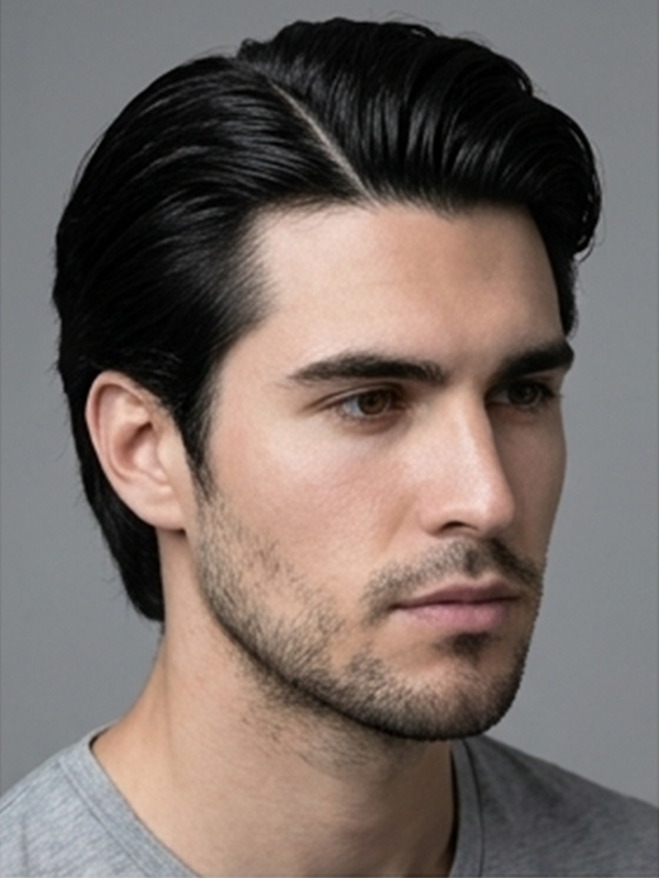 Matt middle part på en man med rakt mörkt hår