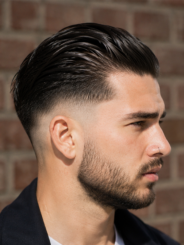 Slick back med skin fade på sidorna