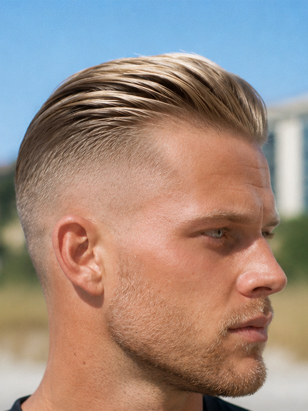 Grå slick back på en äldre man, stram och välvårdad